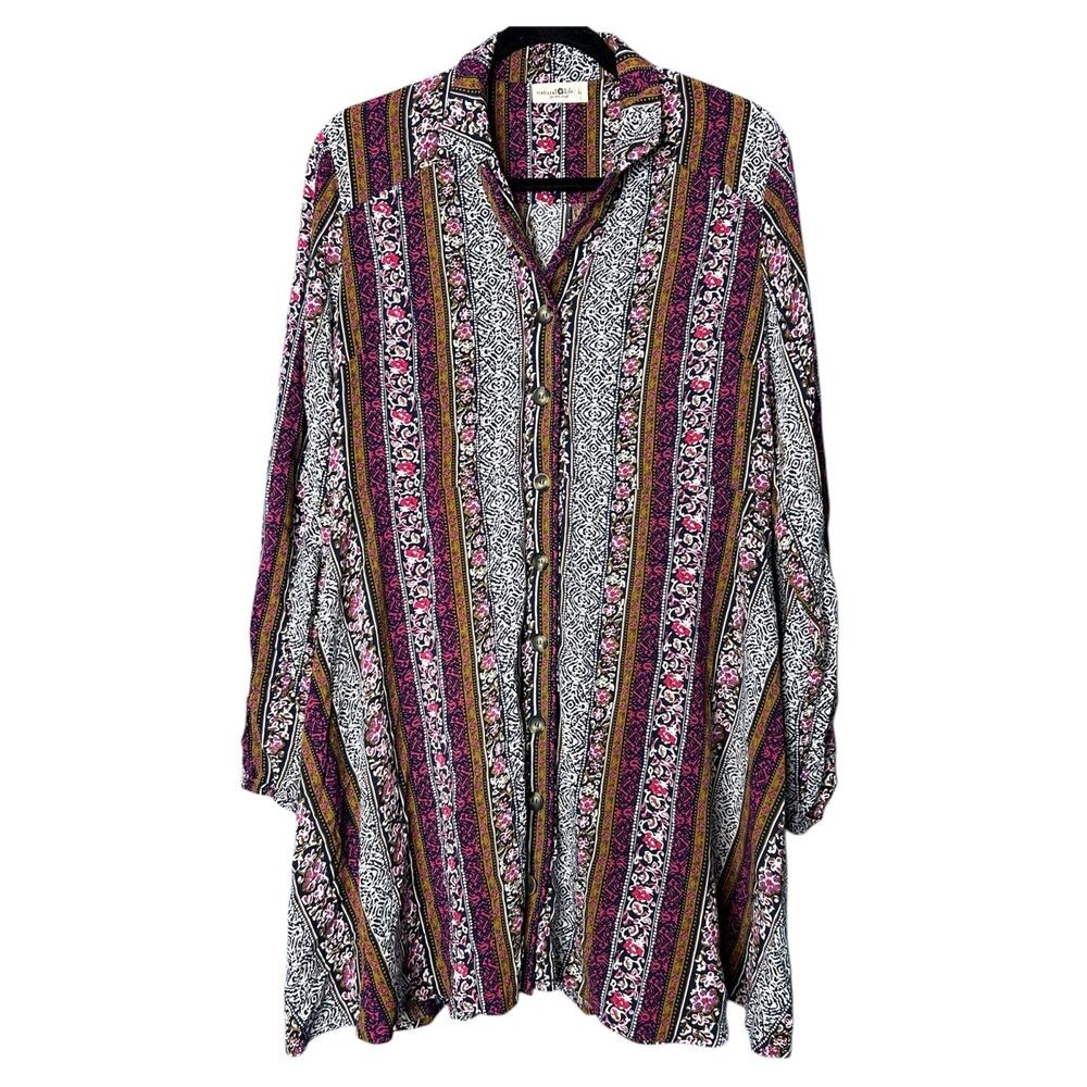 Natural Life Womens Ansley Shirt Dress Sz L Boho Peasant Striped Flowy Floral